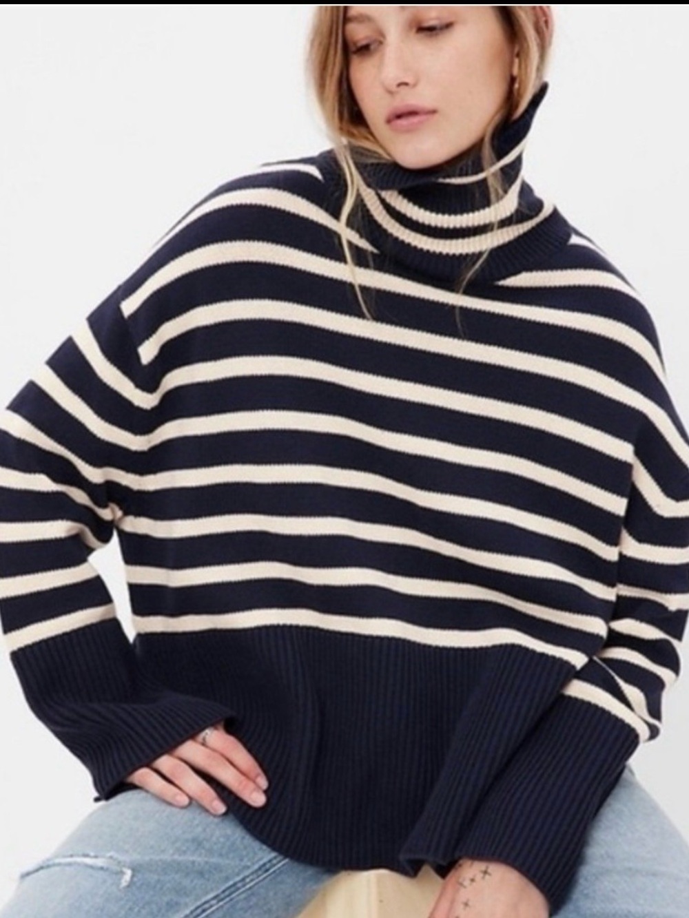 GAP Striped Turtleneck Sweater Women M Navy Ivory Oversized Cotton Side Slit NEW